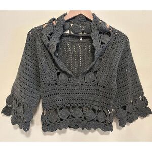 ANTHROPOLOGIE‎ Knitted & Knotted Orenburg Gray Pullover Crochet Wool Sweater XS